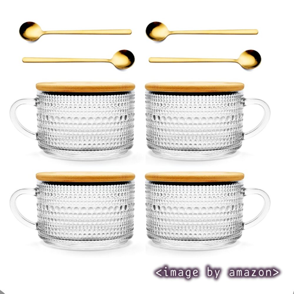 Today's Present 4pcs Vintage Glass Mugs With Bamboo Lids and Spoons